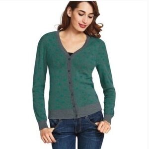 CAbi Teal Green Gray Polka Dot Button Front V Neck Cotton Cardigan Sweater